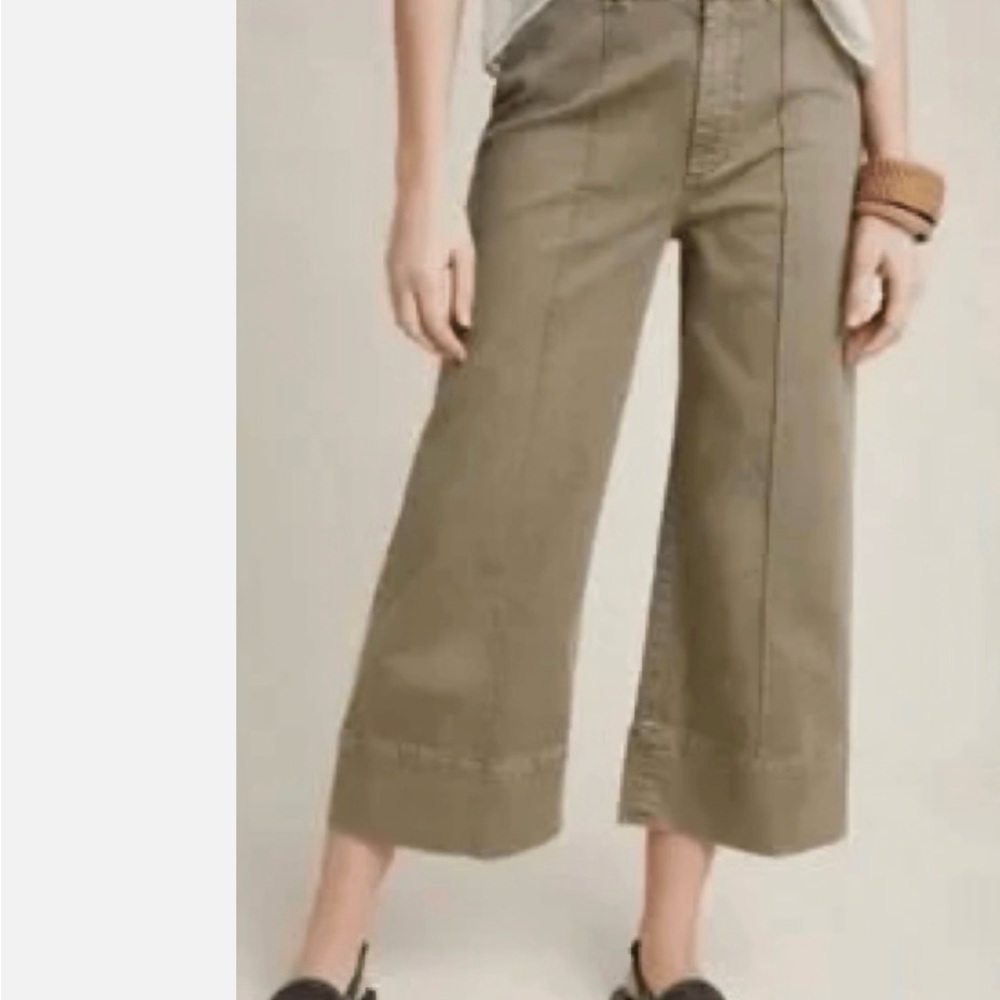 Anthropologie CHINO WIDE Leg Olive Cropped Sz 8
